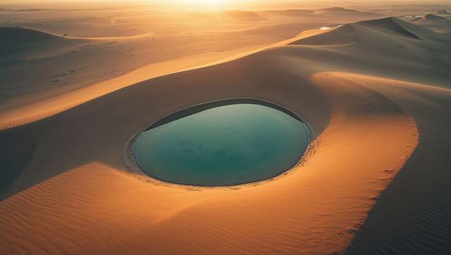 Solitary oasis among serene desert dunes at sunrise