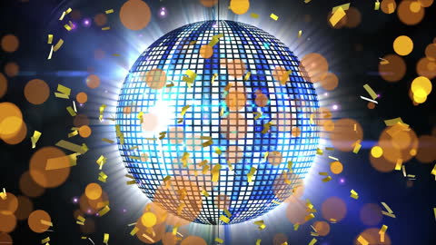 Rotating Disco Ball with Confetti on Black Background