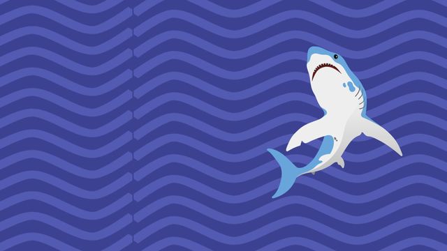 Graphic shows an animated shark, possibly a molecular rendering or simplified design, accompanied by abstract blue wavy background. Perfect for educational materials, marine conservation content, children's media, or use in promotional art for ocean-themed events or programs.