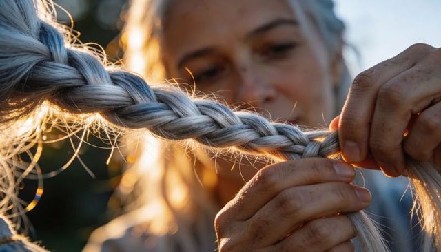 Braiding silver-gray hair at golden hour close-up of hands, braid texture and stray hairs