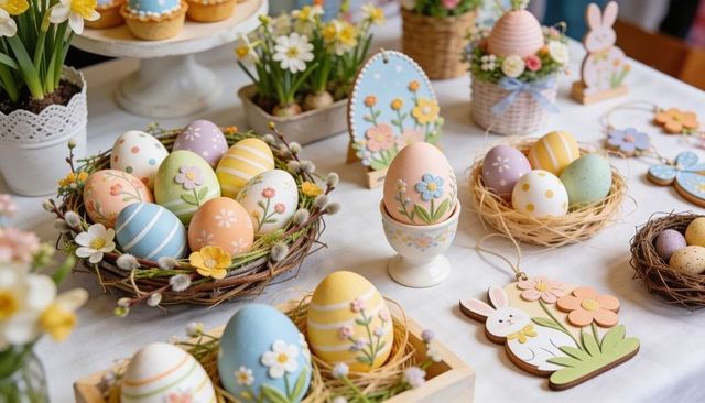 Pastel easter egg centerpiece featuring hand-painted floral eggs, nests and bunny décor