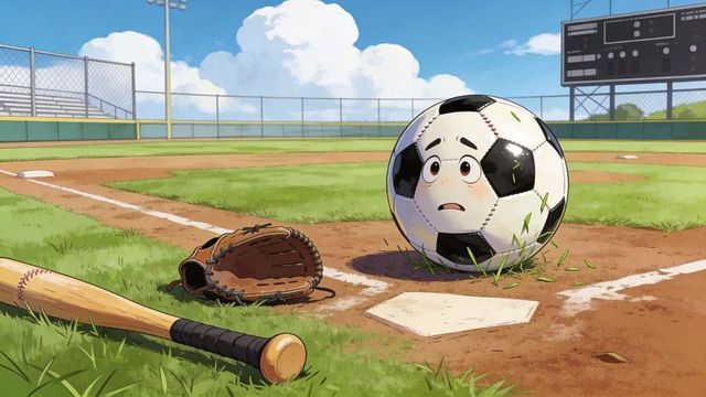 Playful anthropomorphic soccer ball sitting on baseball home plate next to bat and glove