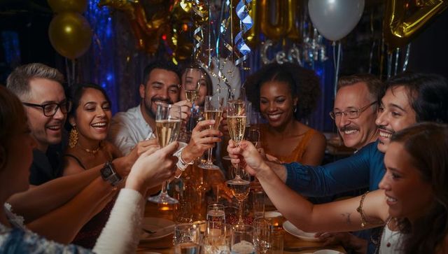 Friends toasting champagne at warm candlelit dinner party with festive decorations