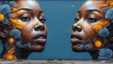 Vibrant haiti urban mural of mirroring faces with blue roses and golden orbs