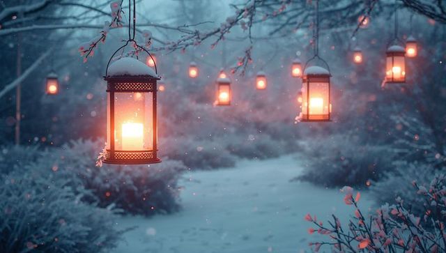 Glowing Lanterns Illuminating Snowy Forest Pathway