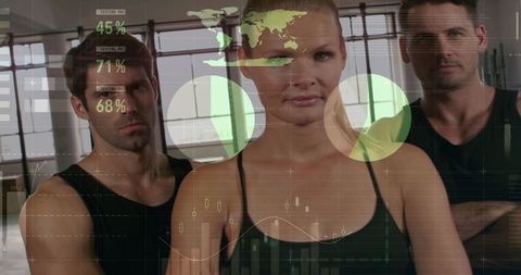 Fitness team posing with augmented reality hud and performance analytics overlay
