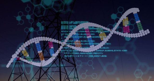 Digital dna helix overlaid on power tower at dusk