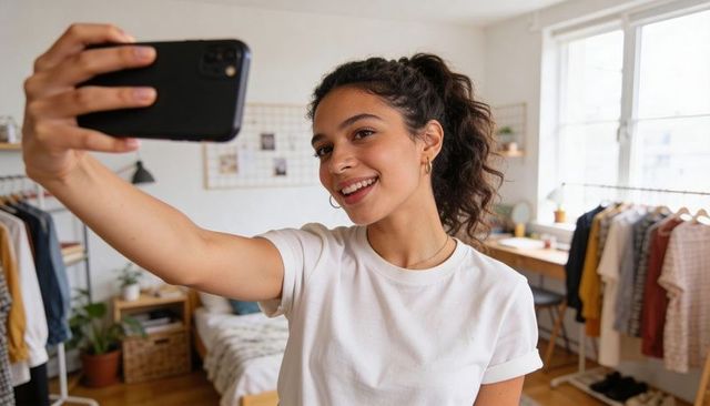 Young woman taking selfie in bright sunlit bedroom with clothing rack and natural light