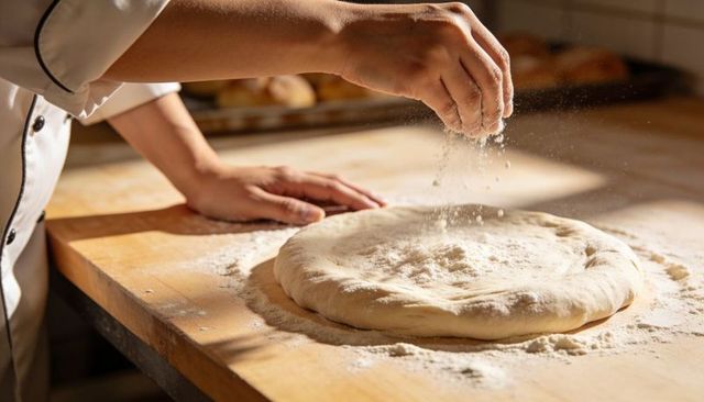 Baker sprinkling flour over pizza dough on wooden workbench in warm bakery light