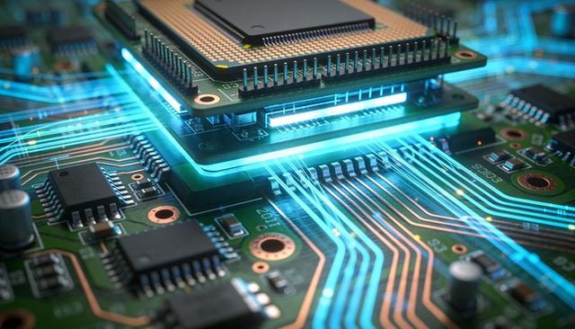 Stacked CPU Modules Emitting Neon Data Traces Over PCB Circuit Board Macro Technology