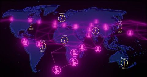 Global digital network connecting user nodes with neon trails and timezone clock overlays