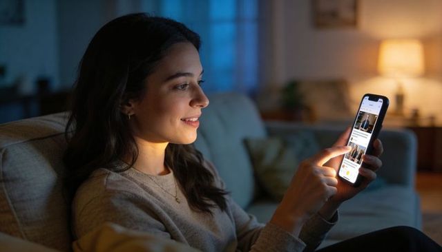 Young woman relaxing on sofa scrolling smartphone at night with warm lamp glow