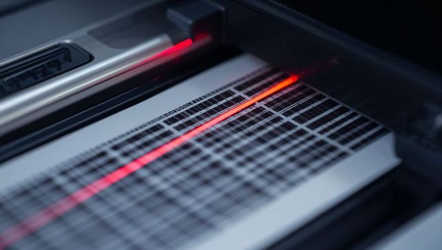 Scanning barcode grid with red laser line for calibration and industrial automation