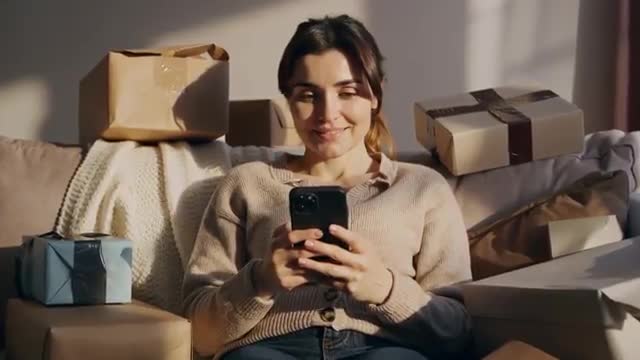 Woman Relaxing at Home Among Filed Packages Using Smartphone