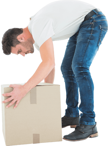 Male courier lifting transparent cardboard box standing position