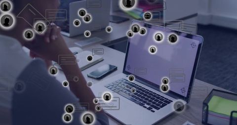 Remote team collaborating on laptop with chat overlay and avatar notifications