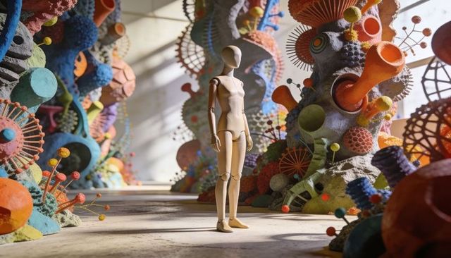 Wooden mannequin standing in sunlit corridor surrounded by colorful coral-like sculptures