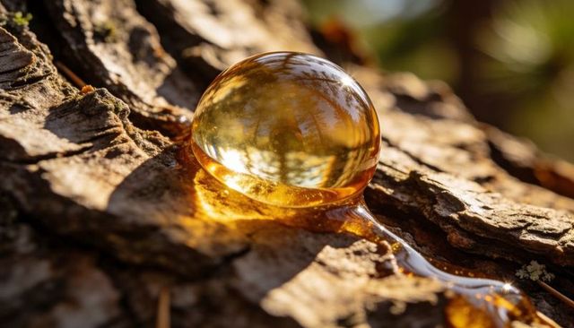 Glistening amber resin droplet reflecting forest canopy on textured bark in sunlight