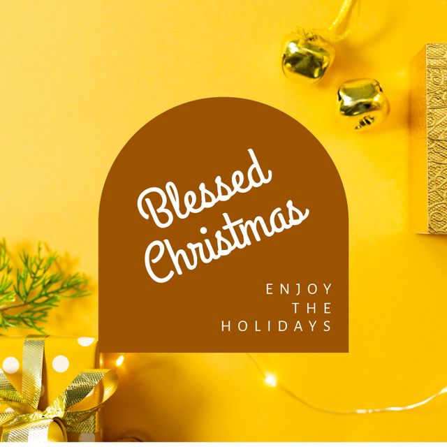 Composition of christmas greetings text over tag and christmas decorations on yellow background. Christmas, festivity, tradition and celebration concept digitally generated video.