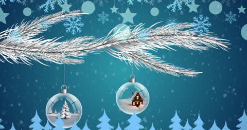 Christmas Animation with Snowfall and Baubles in Winter Scene