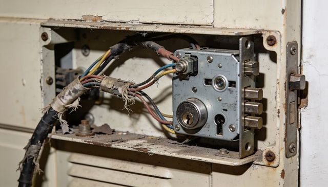 Displaying mortise lock with three bolts and frayed multicolor wiring in rusted metal door