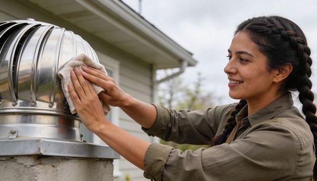 Smiling woman cleaning rooftop turbine vent on home chimney performing roof maintenance