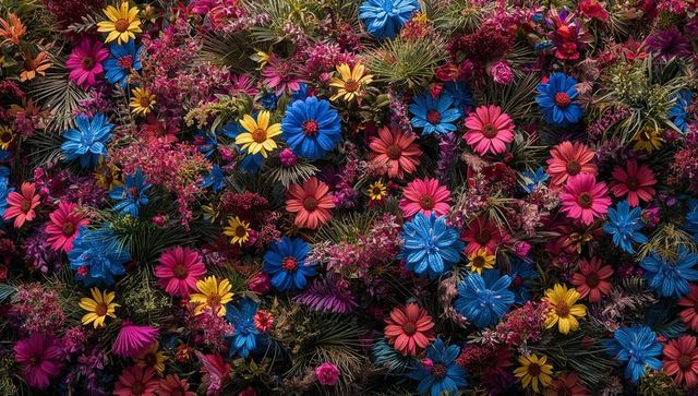 Vibrant multicolor daisy carpet with fern foliage for bold branding, packaging, and textiles