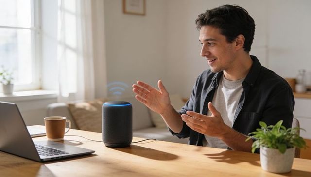 Young man talking and gesturing to smart speaker during remote work at sunlit home desk
