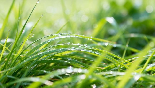 Morning dew on curved green grass blades catching soft sunlight and bokeh serenity