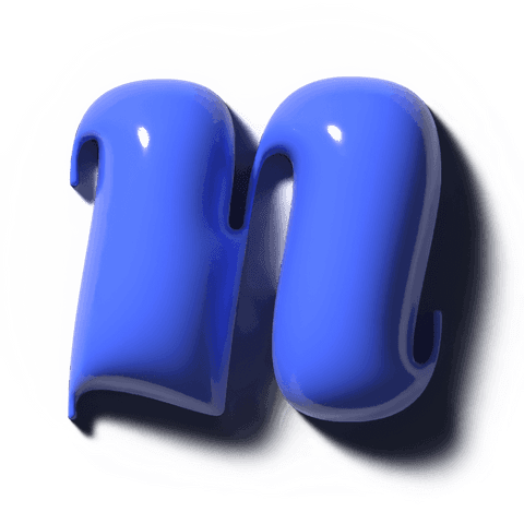 Glossy blue 3d letter m floating on transparent background with reflective tubular form