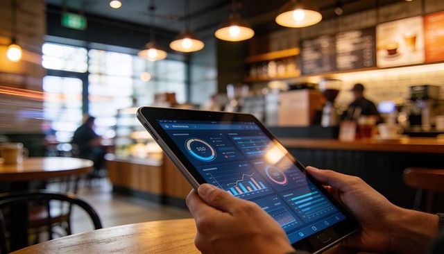 Business analytics dashboard on tablet in coffee shop, remote work data visualization