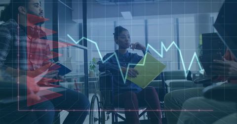 Diverse Team Discussing Trends with Digital Interface Overlay