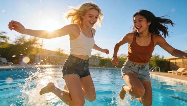 Golden hour pool jumping: two friends splashing and laughing in denim shorts
