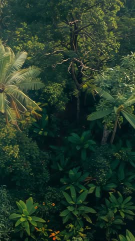 Vertical drone gliding over lush rainforest canopy, capturing palm fronds and dense tropical foliage