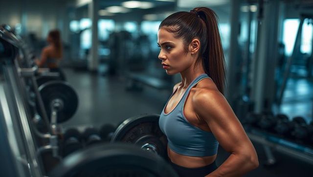 Gripping woman lifting loaded barbell in gym, showcasing strength and focus