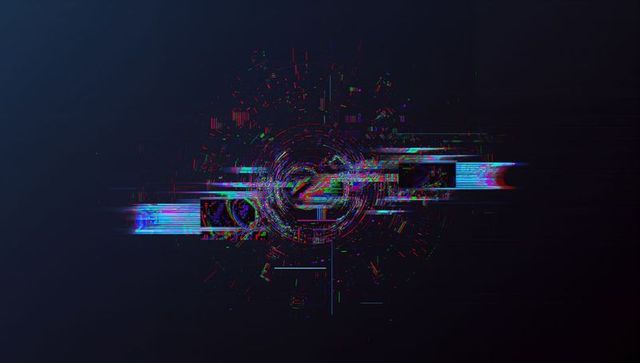 Glitchy Circular HUD with Digital Artifacts on Dark Screen