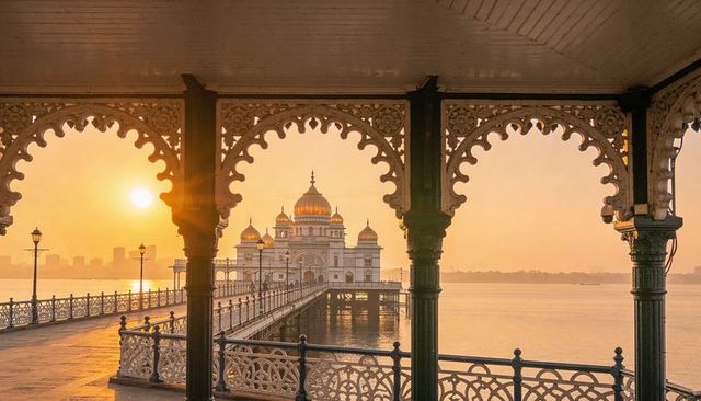 Golden sunset framing ornate scalloped arches leading to white domed waterfront mausoleum