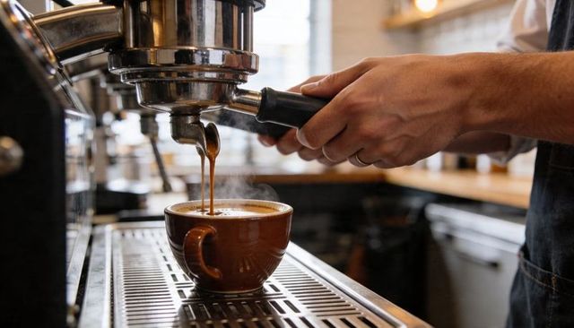 Barista pulling espresso shot with portafilter over brown cup catching rich crema