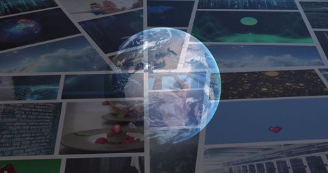 Earth hologram over digital display screens technology background