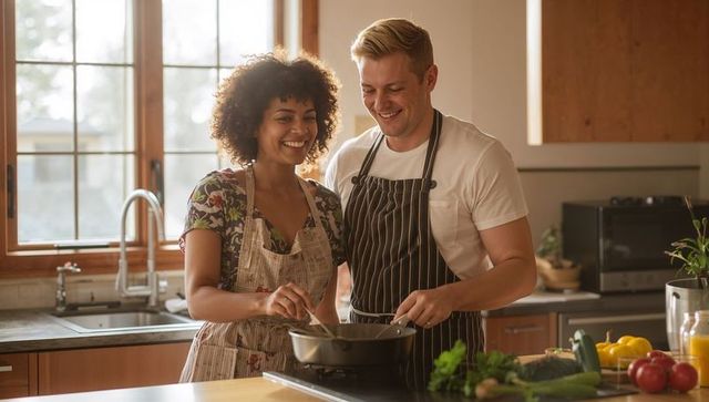 Sunlit couple cooking together in modern kitchen stirring skillet and chopping vegetables