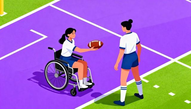 Wheelchair athlete passing football to standing teammate on purple field promoting inclusion