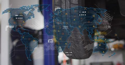 Overlaying global HUD map over garage workspace with boot sole and female technician