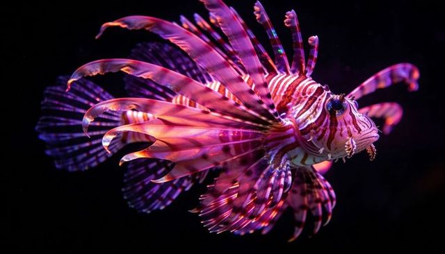Iridescent lionfish hovering and spreading long fins, glowing magenta and purple