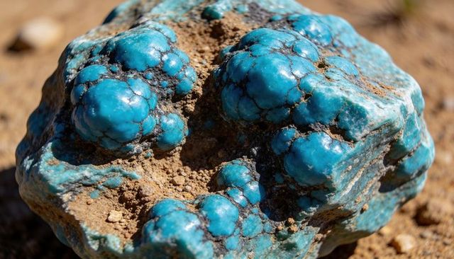 Turquoise botryoidal mineral nodule with dark veins on sunlit sandy soil macro closeup
