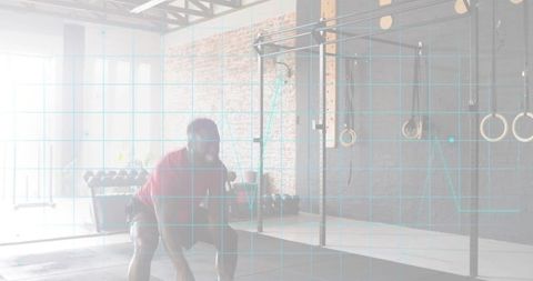 Athlete performing strength training in industrial gym with ecg grid overlay