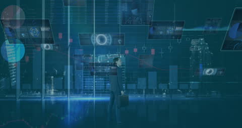 Businessman Observing Financial Data on Digital Screens