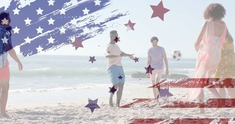 Diverse Friends Playing Soccer on Beach with USA Flag Overlay
