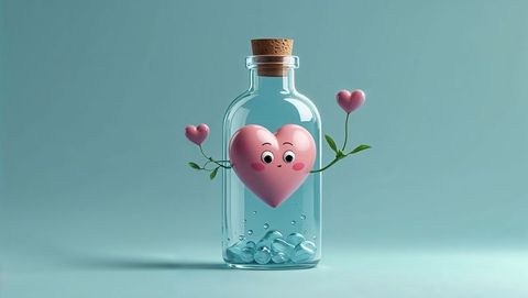 Glass bottle holding animated pink heart floating in whimsical arrangement