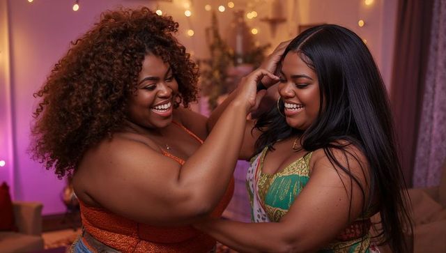 Laughing friends touching hair in cozy living room with string lights and warm ambiance