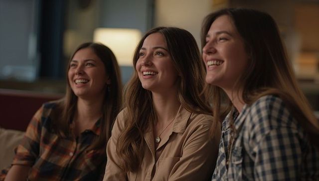 Friends laughing on couch during cozy home evening gathering warm ambient light pendant
